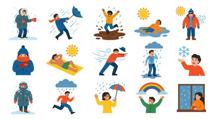 Fototapeta premium Flat Vector Illustration of People Experiencing Various Weather and Seasonal Conditions Concepts
