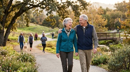 Obraz premium Happy senior couple walking arm in arm on a park path with other people exercising in the background during autumn
