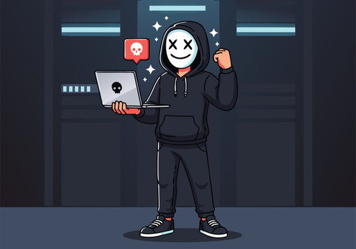 Vector illustration of an anonymous hacker character in a dark server room successfully breaching a laptop computer cybersecurity system
