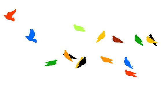 Simple silhouette illustration of a flock of colorful birds flying over a white background.