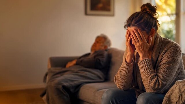 Exhausted woman cares for elderly parent at home, caregiver burnout concept with copy space