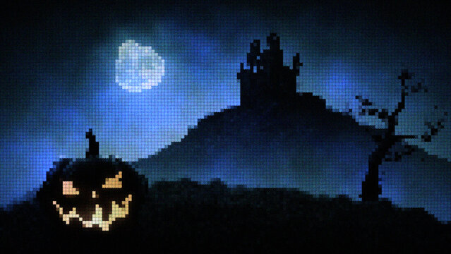 Retro pixelated pumpkin with glowing face before haunted castle on dark hill under full moon. Spooky Halloween digital background for games and banners.