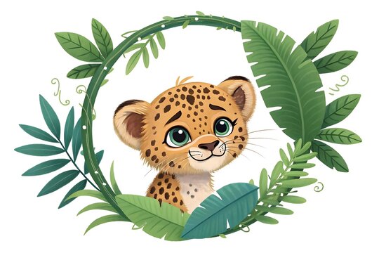 Cute leopard cub peeking through green leafy foliage