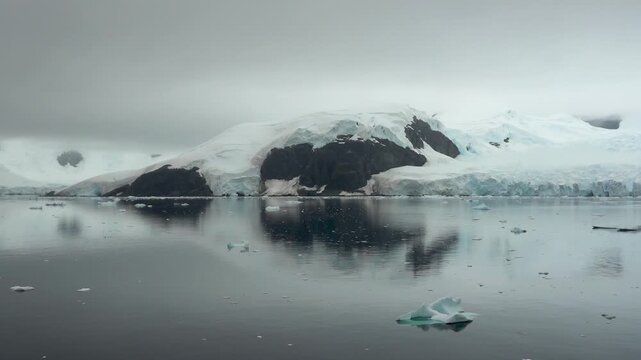 Calm waters filled with floating ice in Paradise Bay, Antarctica, surrounded by snow-covered rocky mountains and massive glaciers under low gray clouds
