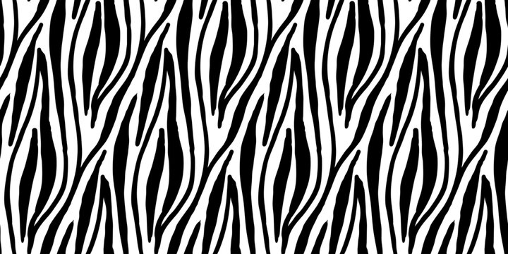 Hand-drawn black and white zebra-inspired stripe pattern with irregular vertical lines and expressive organic fur texture. Vector illustration