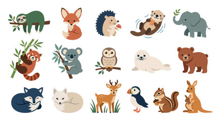 Fototapeta premium Cute Flat Cartoon Animals Vector Set. Wildlife Characters for Kids, Nature, and Educational Designs.