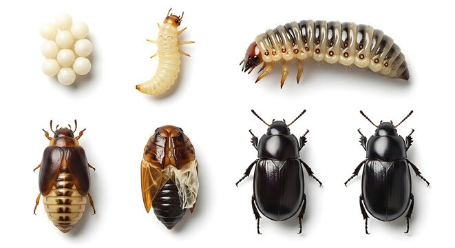 Collection of insect life cycle stages from eggs to adult beetles on a white background