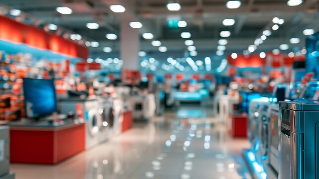 Blurred interior of a large appliance store showing electronics and displays isolated on transparent background. Ideal for retail marketing and shopping concept projects.