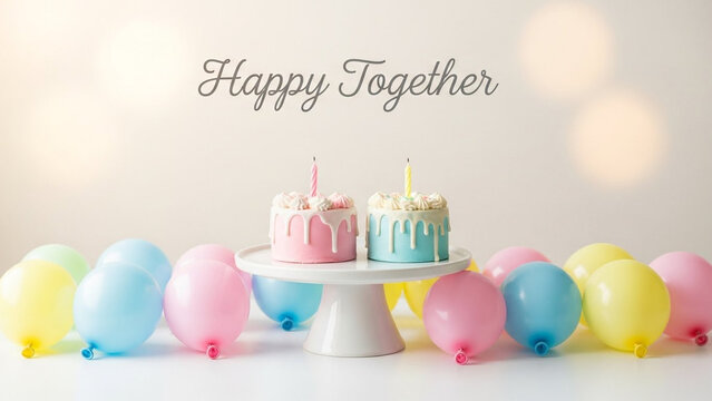 Happy Together celebration text overlay, two mini drip cakes with candles on white cake stand, surrounded by pastel pink blue yellow balloons, bokeh background, copy space for announcements