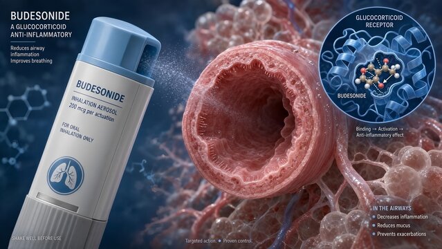 Budesonide inhaler for respiratory care with a microscopic inset showing the drug binding to a glucocorticoid receptor, set against a blurred bronchiole background