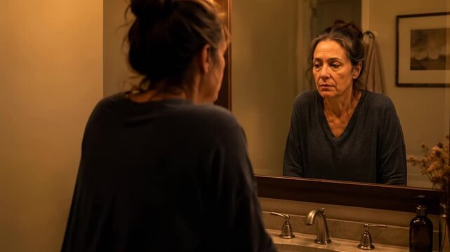 Middle aged woman faces mirror at night, menopause emotional stress concept for women health