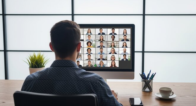 A man at his desk during a video call with multiple participants on screen. His workspace includes a plant, coffee cup, and pen holder, representing modern remote work and virtual collaboration.