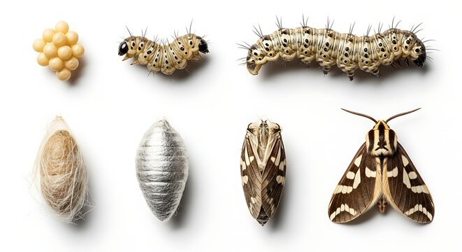 Complete life cycle of a moth from eggs to adult insect on white background