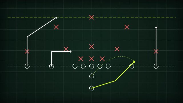 American football tactical play drawn on a digital grid, displaying formation and movement, ideal for sports analysis, coaching diagrams and broadcast