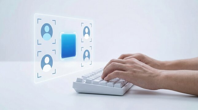 Human hands typing on keyboard show support for AI workforce transition and integration in digital communication and technology