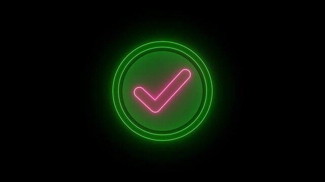 Animated reveal of a nieon coolar full red checkmark icon in a green circle. Isolated on a black background. 4k checkmark, successfully done, approved sign,