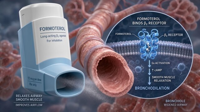 Formoterol bronchodilator inhaler with a detailed scientific inset showing molecules binding to beta-2 receptors to open airways, with a bronchiole background