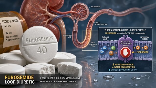 Furosemide tablets with a zoomed microscopic inset showing the drug blocking the na+/k+/2cl- cotransporter in the loop of henle, reducing fluid reabsorption, kidney nephron background