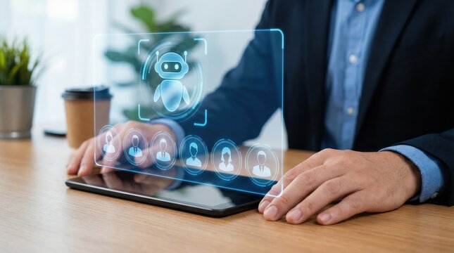 Human workforce support with AI integration helps transition through disruption in business using digital technology and tablet interface