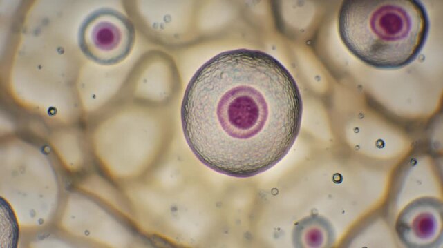 Firefly Extreme macro footage of one single human stem cell gently floating through a realistic aqueous environment