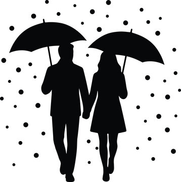 Silhouette of Couple Walking Hand in Hand with Umbrellas in Rain Vector Illustration