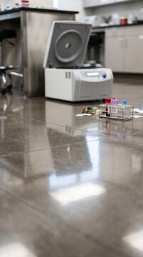 Medical Centrifuge and Blood Test Tubes on Laboratory Floor