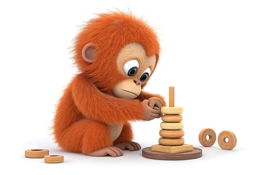Cute cartoon monkey playing with wooden blocks toy