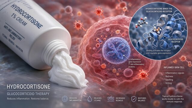 Hydrocortisone medical cream tube with a zoomed molecular inset showing the drug binding to the glucocorticoid receptor inside an inflamed skin cell, microscopic tissue background