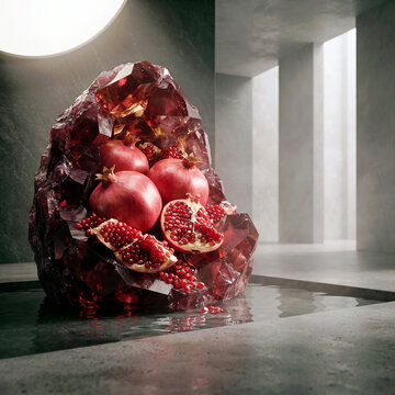 Fresh Pomegranates Inside a Large Red Crystal Geode in Minimalist Room