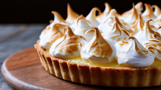 transparent lemon tart with toasted meringue peaks isolated on white background