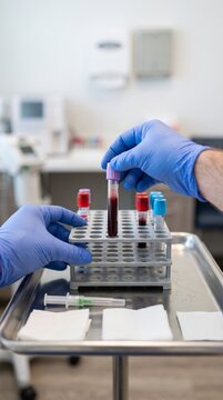 Phlebotomist Holding Blood Sample Tube in Laboratory