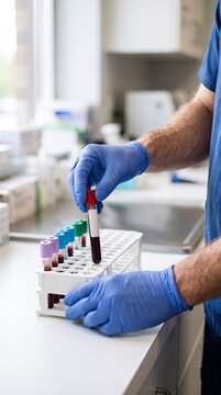 Phlebotomist Holding Blood Sample Test Tube in Laboratory