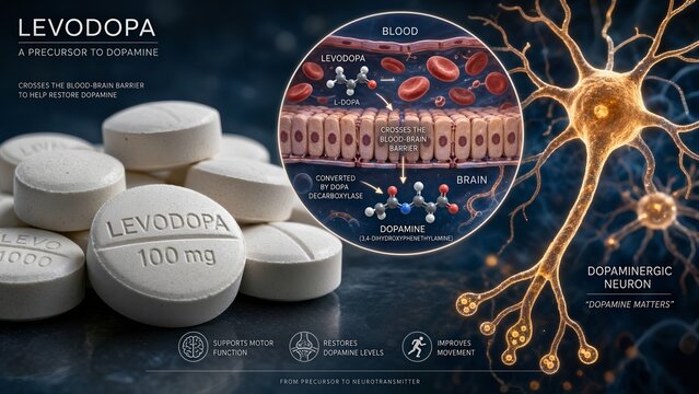 Levodopa medication tablets paired with a zoomed inset showing the drug crossing the blood-brain barrier and converting to dopamine inside dopaminergic neuron pathways background