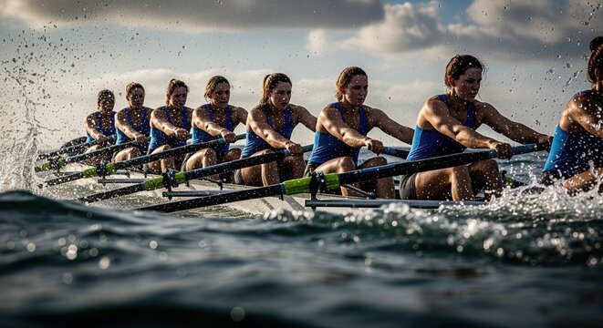 A rowing team in blue uniforms powers through water in synchronized motion. Athletes pull oars in perfect harmony as water splashes around the boat, demonstrating strength and teamwork.