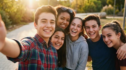 Obraz premium Group of happy multiethnic teenagers taking a selfie outdoors together
