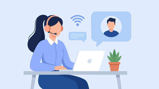 Female customer support agent providing virtual assistance with laptop
