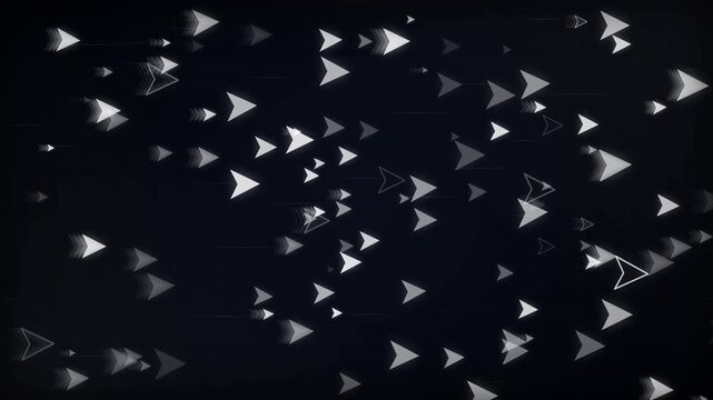 Abstract swarm of glowing white arrows moving quickly on dark background, concept for digital progress, navigation systems and fast data flow