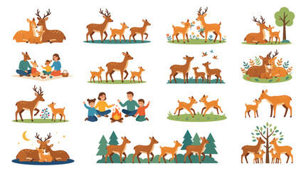 Obraz premium Cute Deer Family and People Camping Together, Flat Design, Nature, Vector