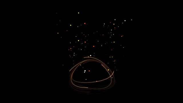 A high-end 3D procedural motion graphic of swirling neon pink and amber golden light trails wrapping around a central core. Features a dark background with flowing light painting curves, perfect for f