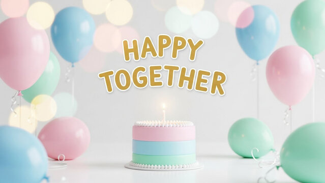 Happy Together celebration concept, pastel balloons, birthday cake, anniversary decoration, love and friendship, sweet treat dessert, colorful party background