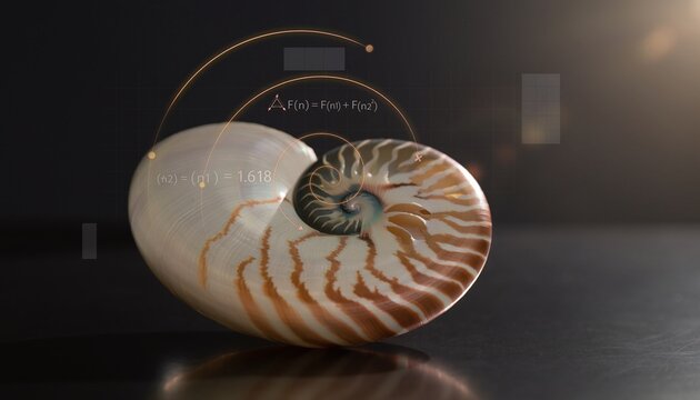 A nautilus shell with glowing golden ratio spiral overlay on a dark reflective surface evokes harmony and scientific wonder in nature. Perfect for design concepts, nobody around.