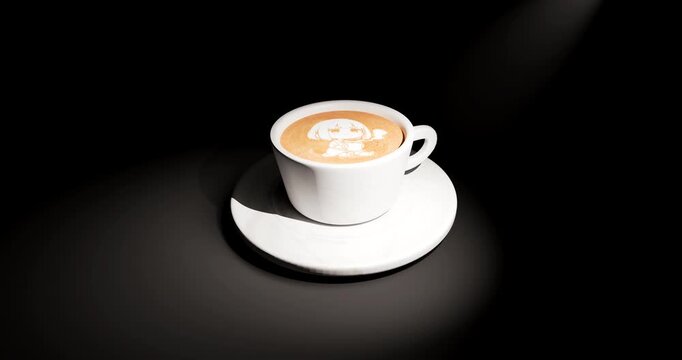 Spotlight revealing cup of latte coffee with cute anime character illustration art in dark room