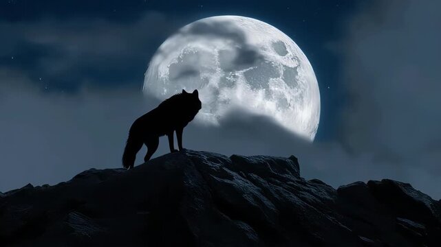 Wolf Silhouette Howling at Full Moon Night.
