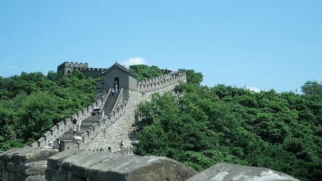 Great Wall of China Watchtower Crossing Green Mountains Near Beijing, China