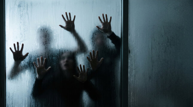 Close-up of pale human hands pushing through a thin frosted fabric from the darkness behind, distorted fingers and vague body shadows creating an unsettling supernatural scene, Halloween nightmare