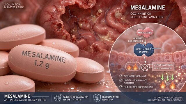 Mesalamine medication tablets for inflammatory bowel disease with a microscopic inset showing cox enzyme inhibition to reduce gut inflammation and tissue swelling