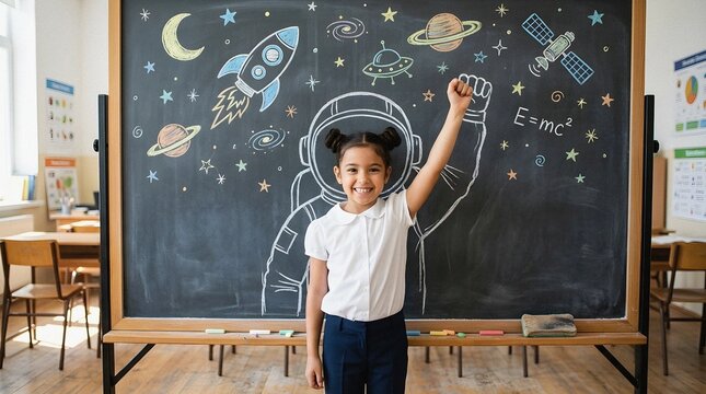 Happy girl dreaming of being an astronaut in a classroom with drawings