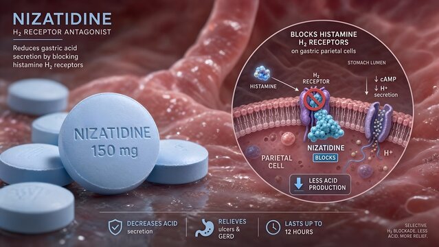 Medical photography of nizatidine medicine with a magnified molecular view showing h2 receptor blockade on gastric parietal cells with stomach lining context