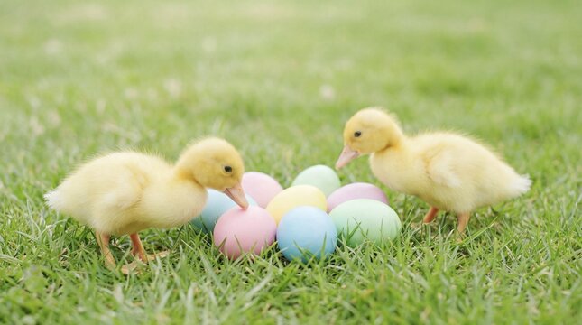 Two cute fluffy baby ducklings exploring colorful Easter eggs on green spring grass. Symbol of new life and arrival of spring and Easter holiday.