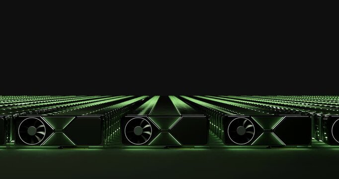 Camera moving over endless rows of computer graphics processing units with blinking green lights and spinning fans